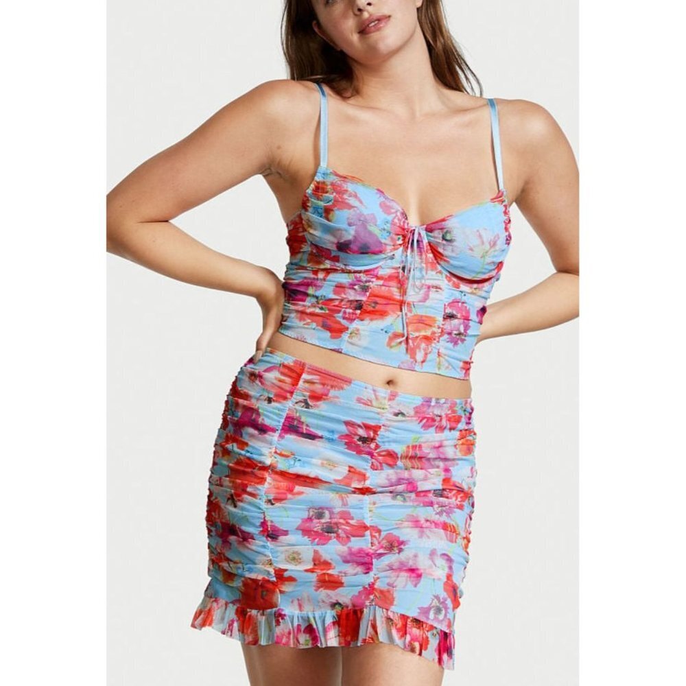 Victoria Secret Ruched Mini Skirts Size SP Color Baby Blue Red Skirt Only - Picture 1 of 6